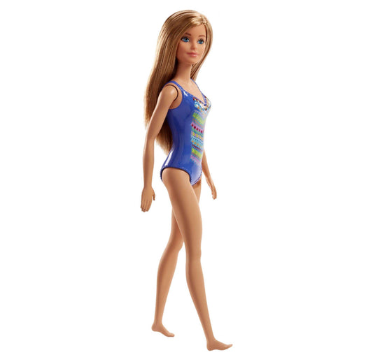 Barbie Beach Doll with Blue Patterned One-Piece Swimsuit, Blonde