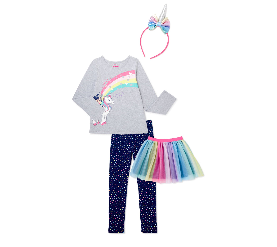 Minnie Mouse Baby Toddler Girl Unicorn Long Sleeve Top, Tutu Skirt, Leggings & Headband, 4pc outfit set