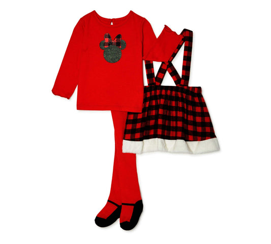 Disney Minnie Mouse Baby Girl Jumper Dress, Top & Tights Outfit, 3pc set