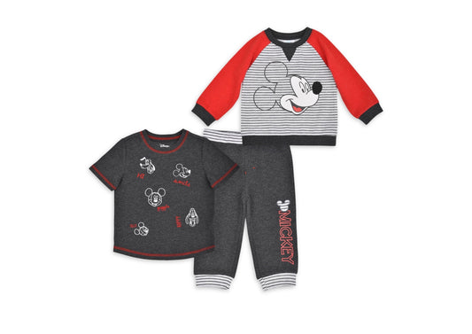 Mickey Mouse Baby Boy Outfit Set Fleece Long Sleeve Top, T-Shirt, and Pants, 3pc