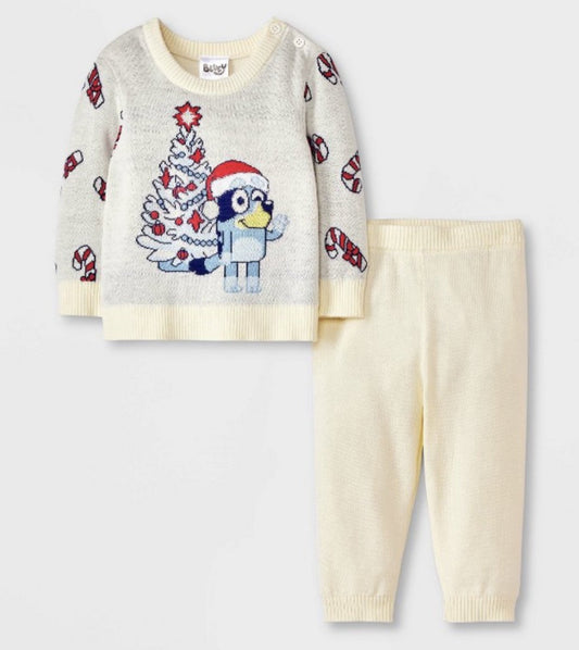 Baby Bluey Christmas Tree 2pc Sweater Top and Bottom Set - Ivory
