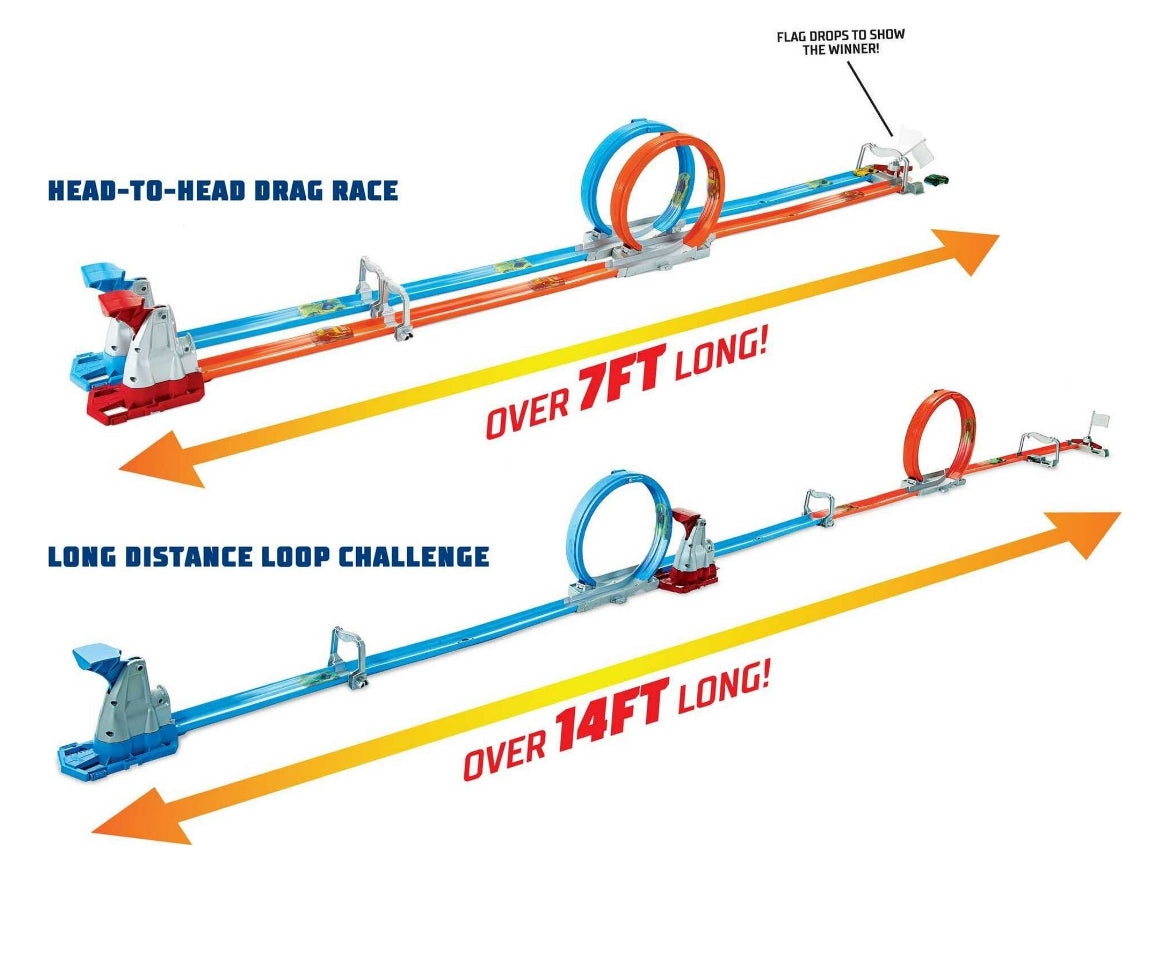 Hot Wheels Double Loop Dash Track Set with 2 Toy Cars in 1:64 Scale, 12-ft Long