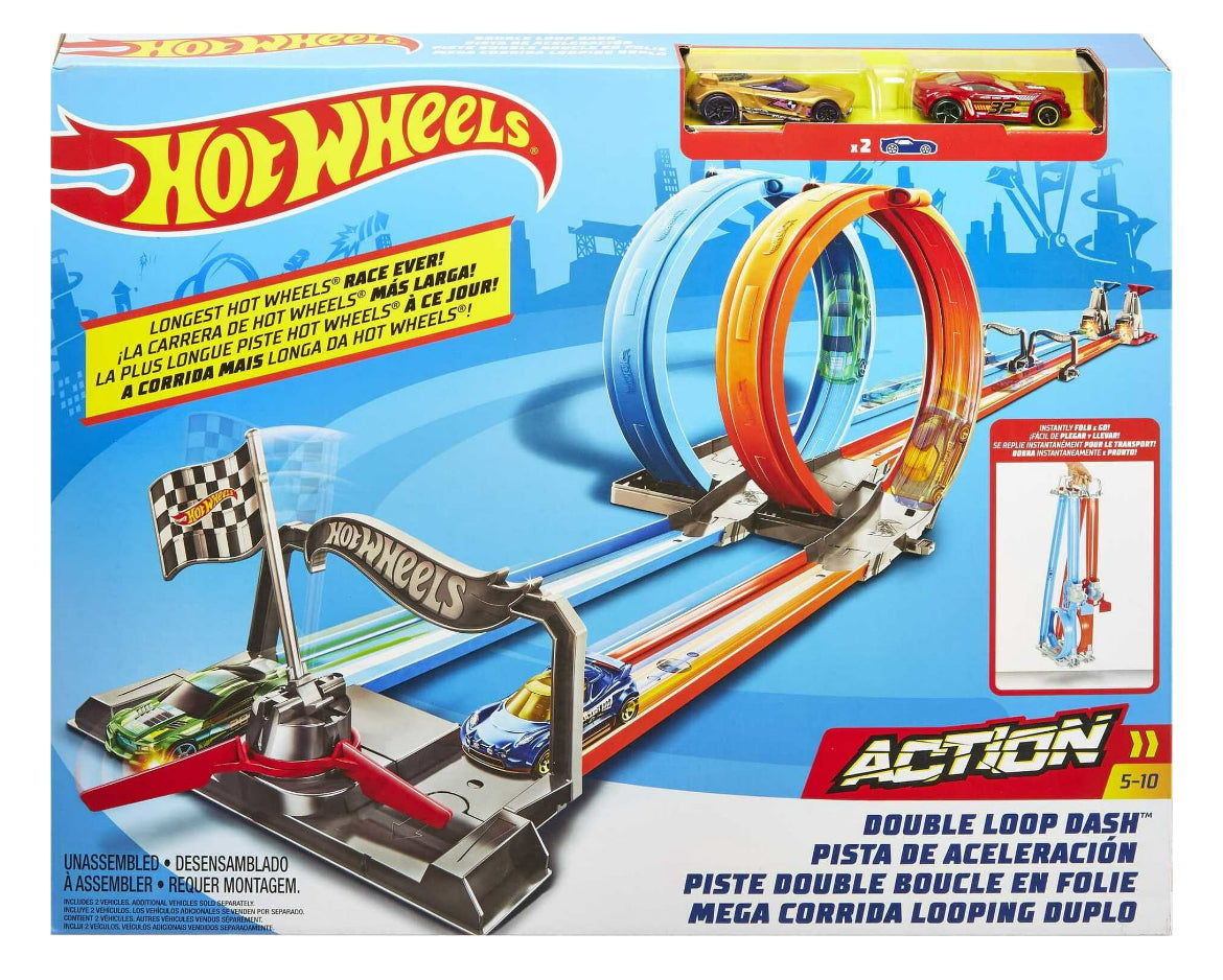 Hot Wheels Double Loop Dash Track Set with 2 Toy Cars in 1:64 Scale, 12-ft Long