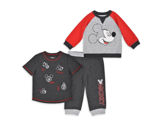Mickey Mouse Baby Boy Outfit Set Fleece Long Sleeve Top, T-Shirt, and Pants, 3pc