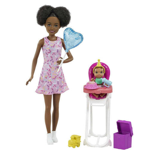 Barbie Skipper Babysitters Birthday Feeding Playset, Brunette Doll, Color-Change Baby & Accessories 90961