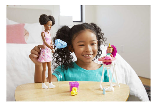 Barbie Skipper Babysitters Birthday Feeding Playset, Brunette Doll, Color-Change Baby & Accessories 90961