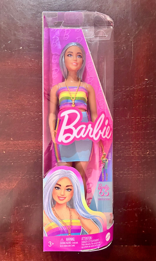 Barbie Fashionistas Doll #218 with Blue Hair, Rainbow Top & Teal Skirt, 65th Anniversary 17675