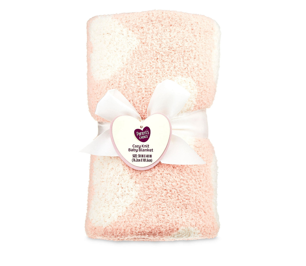 Parents Choice Cable Knit Baby Blanket 30" x 40", Pink and White Hearts 11433