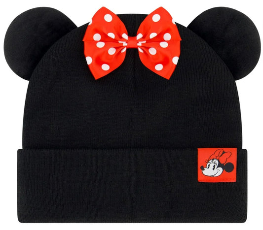 Disney Minnie Mouse Beanie Hat, Faux Fur Cuffed Winter Knit Cap with 3D Ears and Bow 84427