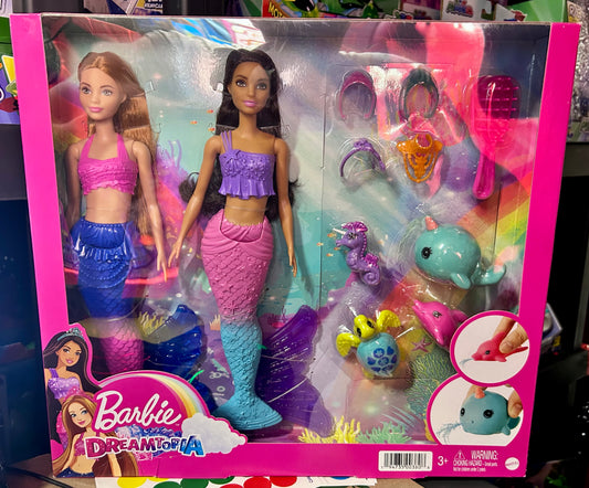 Barbie Mermaid Dolls, Set of 2 with Colorful Tails and Styling Accessories with 4 Ocean Pets 00380
