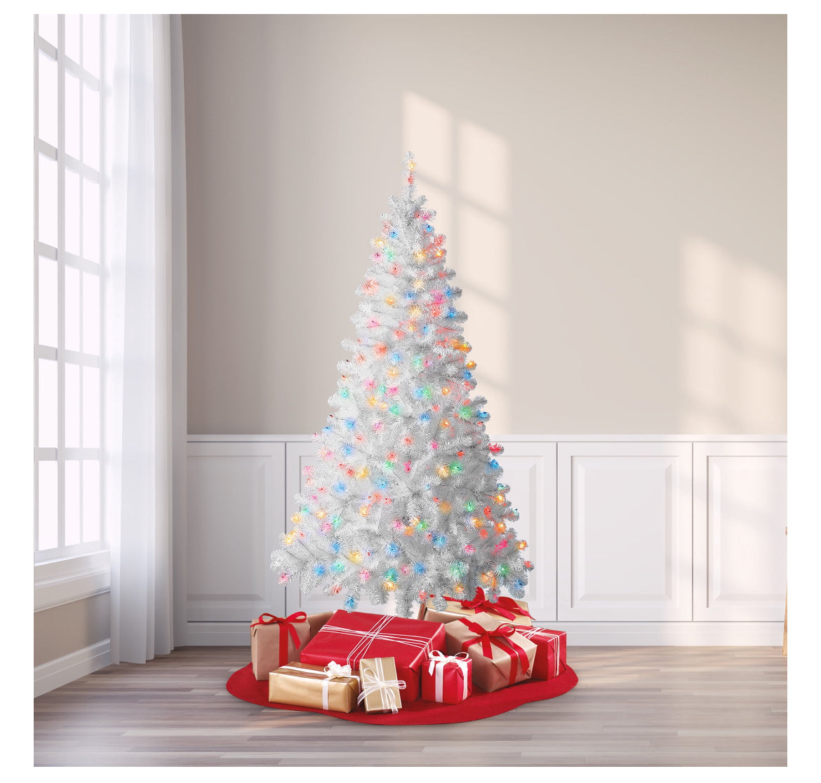 Holiday Time 6.5 Foot Pre-Lit Multi-Color Lights Madison Pine White Christmas Tree 52350