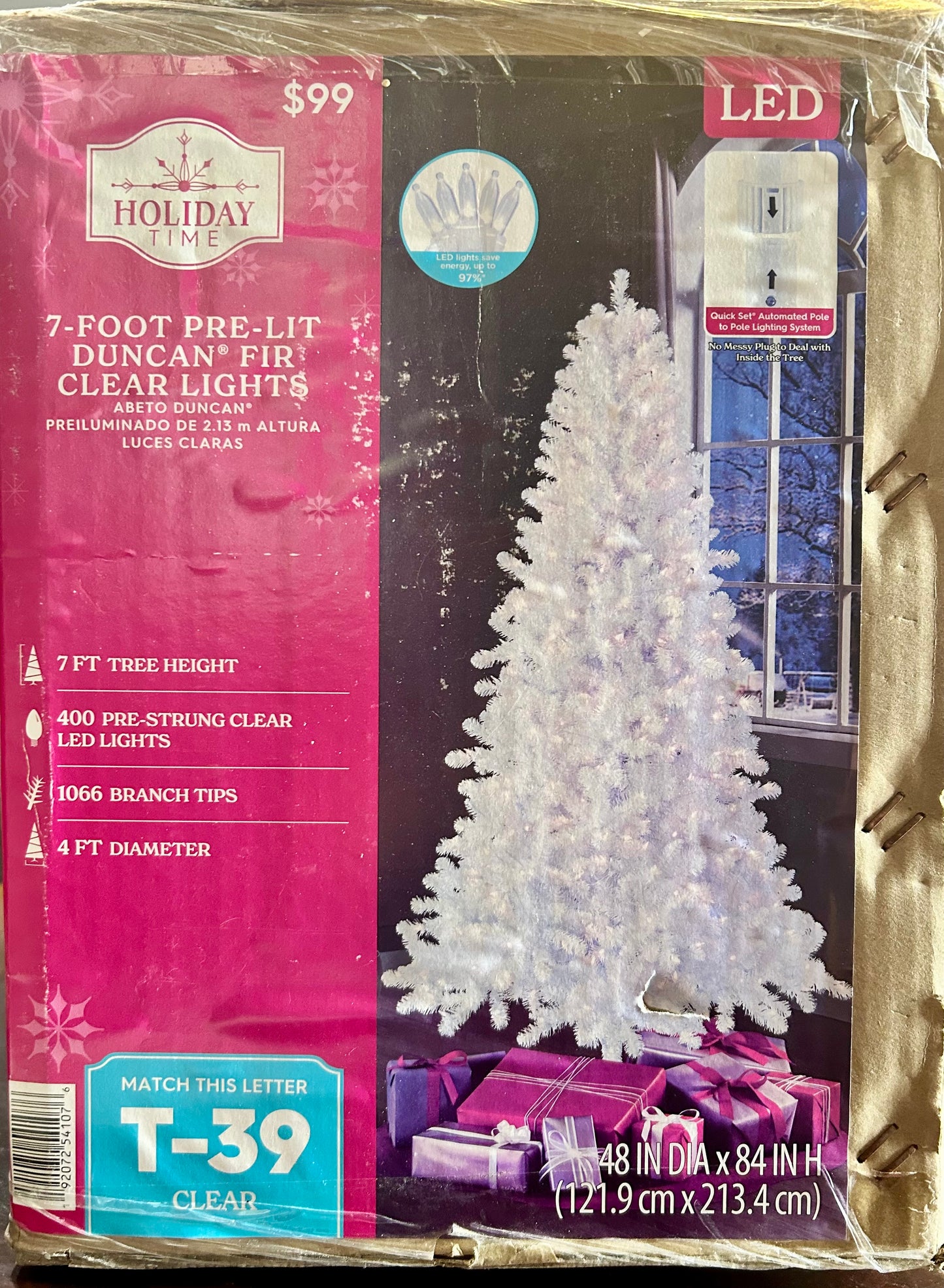 Holiday Time 7-Foot Pre-Lit Clear Lights Duncan Fir White Christmas Tree 54107