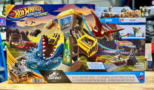 Hot Wheels Racer Verse Jurassic World Blue’s Raptor Rush Track Vehicle Playsets 19538
