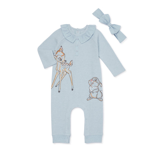 Disney Bambi Baby Girls Long Sleeve Romper and Headband, 2-Piece Set