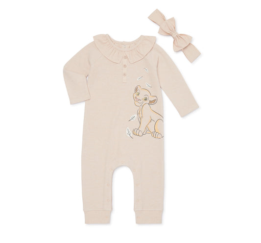 Disney The Lion King Baby Girls Long Sleeve Romper and Headband, 2-Piece Set