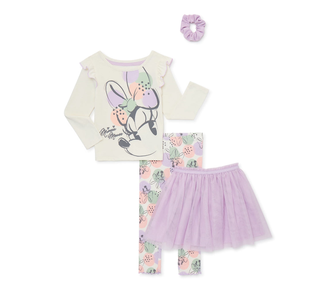 Minnie Mouse Baby Girls Long Sleeve Top, Skirt Leggings and Scrunchie, 4 Piece Outfit Set