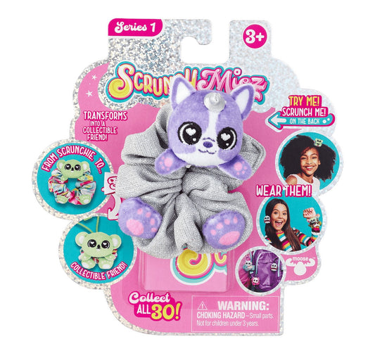 ScrunchMiez Single Pack - Transforms From Hair Scrunchie to Plush Friend & Backpack clip! - Styles May Vary 96523