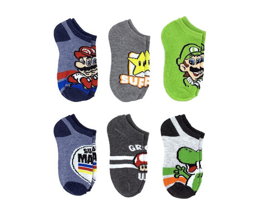 Super Mario, Boys No-Show Socks, 6-Pack