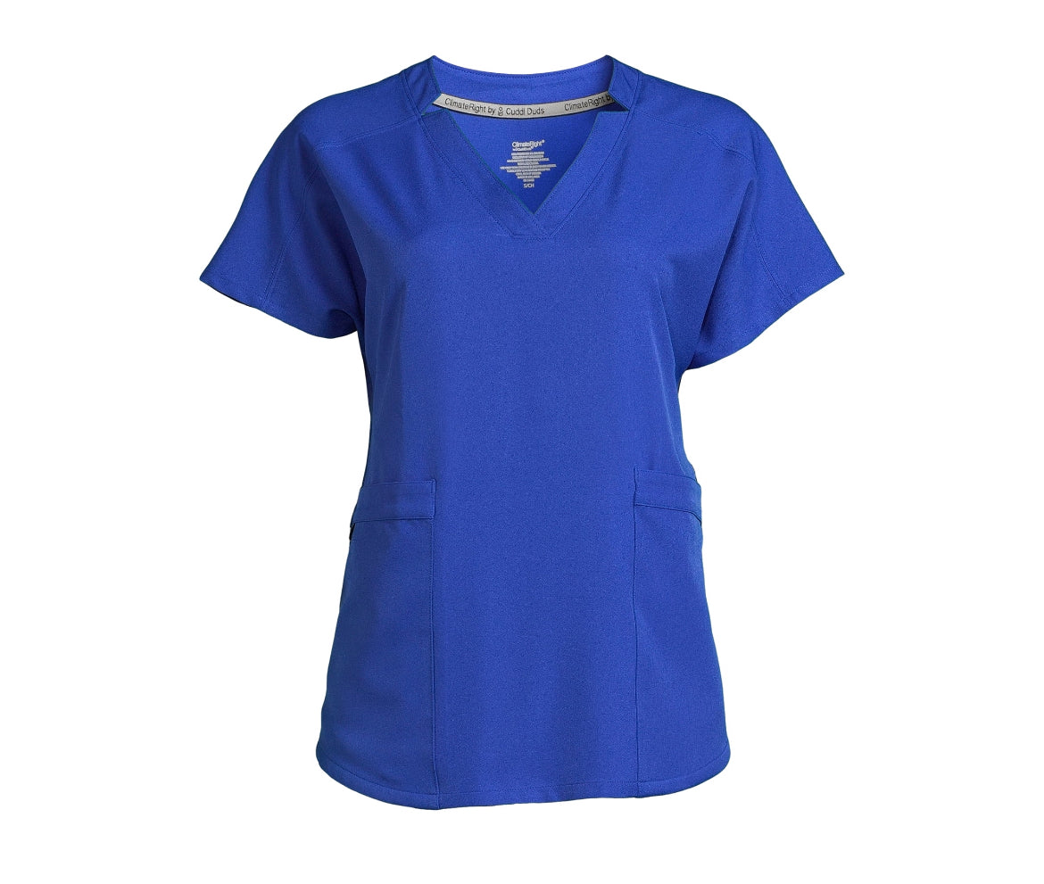 ClimateRight Women’s Woven Twill V-Neck Scrub Top with Silver Ion Anti-Bacterial Technology