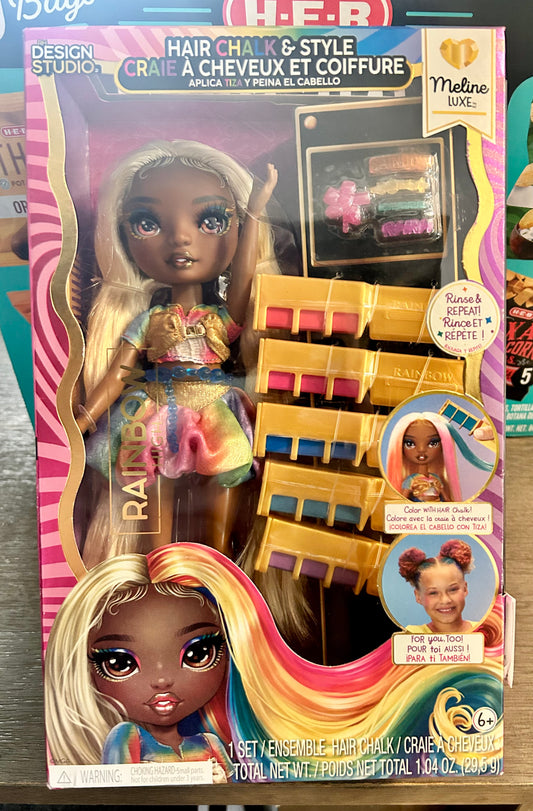 Rainbow High Hair Chalk & Style Meline – Rainbow & Gold 11” Doll, Washable Rainbow Hair Chalk 52679