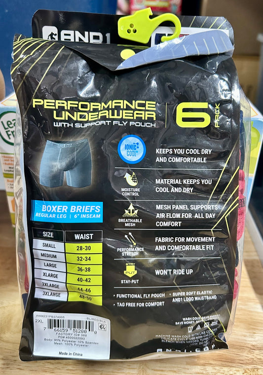 AND1 Men's Underwear Pro Platinum Boxer Briefs, 6 Pack, 51280
