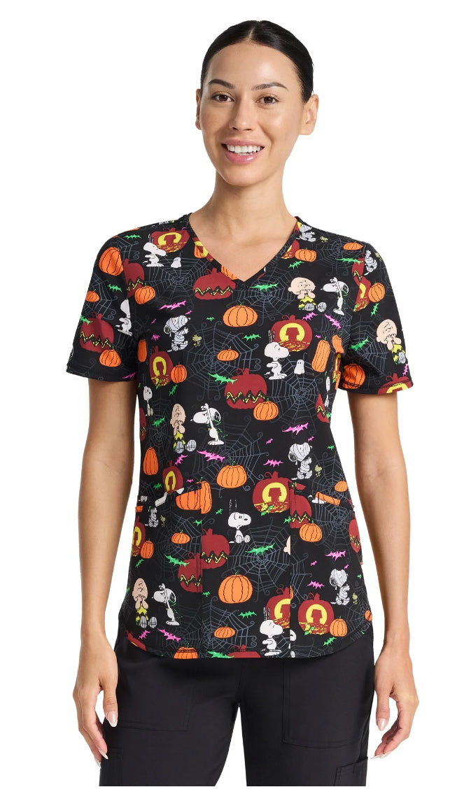 Peanuts Charlie Brown Spooky Snoopy Women's V-Neck Print Scrub Top
