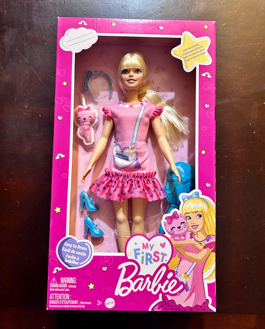 My First Barbie Doll for Preschoolers, 'Malibu' Blonde Posable Doll with Kitten and Accessories 11454