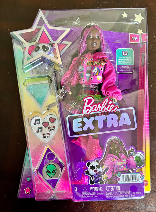 Barbie Extra Fashion Doll with Pink-Streaked Brunette Hair in Graphic Hoodie with Accessories & Pet 10653