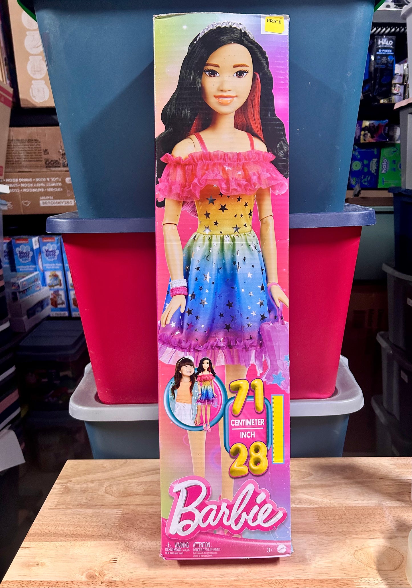 Large Barbie Doll, 28 Inches Tall, Black Hair and Rainbow Dress 09798