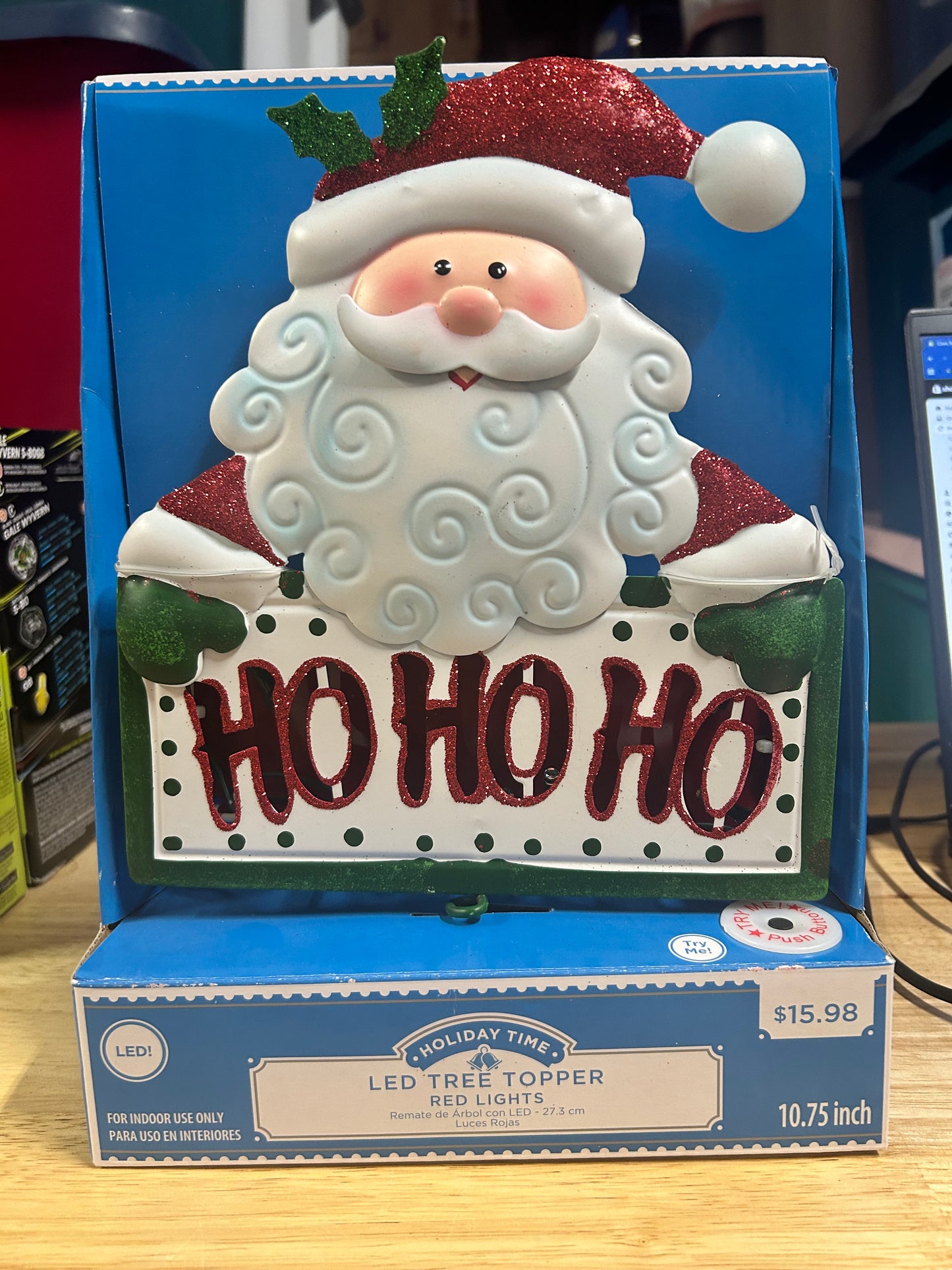 Holiday Time 10.75” Led Metal Santa Tree Topper Red Lights 46212