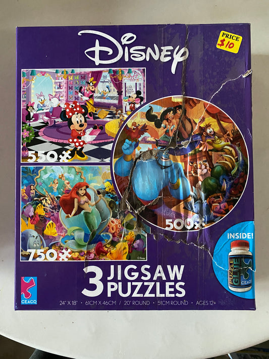Ceaco 3-in-1 Disney Puzzles Minnie Mouse, Little Mermaid & Aladdin 350518E *Damaged Box