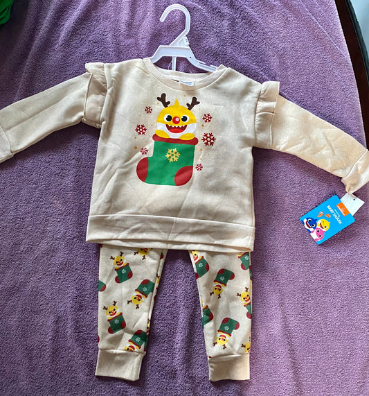 Baby Shark Boys / Girls Holiday Christmas 2-Piece Beige Outfit Size 24-Months 31205