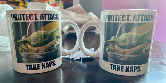 Star Wars The Mandalorian Yoda “Protect. Attack. Take Naps.” 20 Oz Mug Coffee Cup 87079